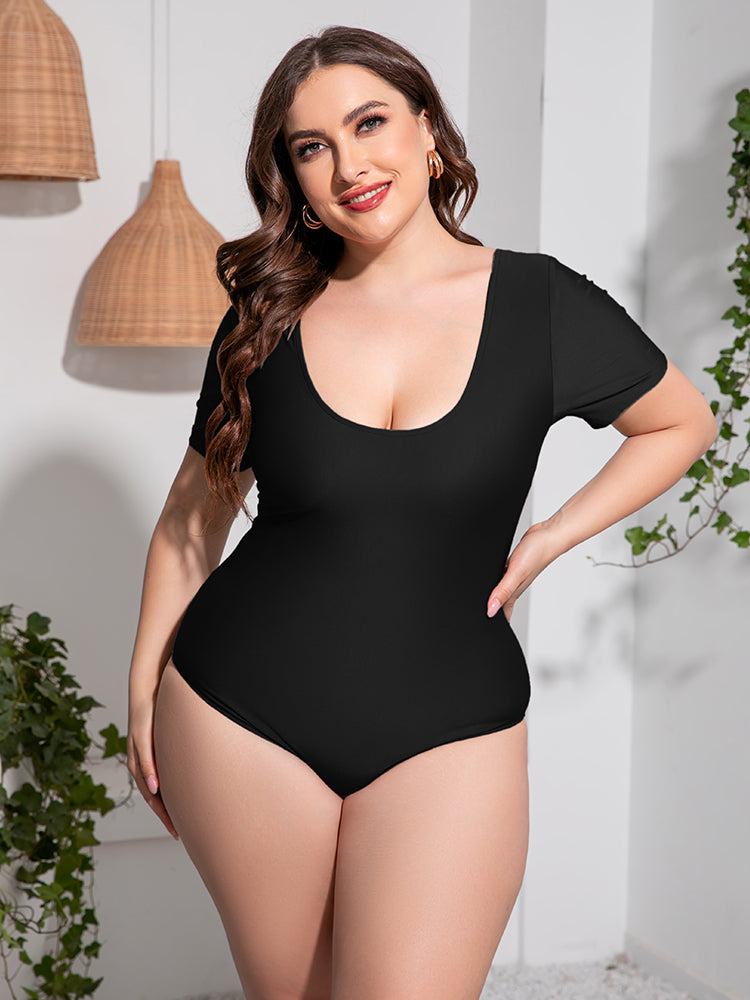 Plus Size Scoop Neck Short Sleeve One-Piece Swimsuit Trendsi