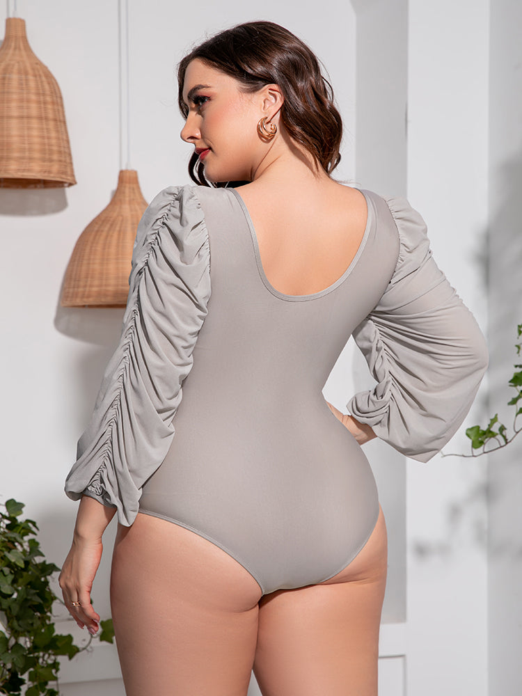 Plus Size Tied Deep V Balloon Sleeve One-Piece Swimsuit Trendsi