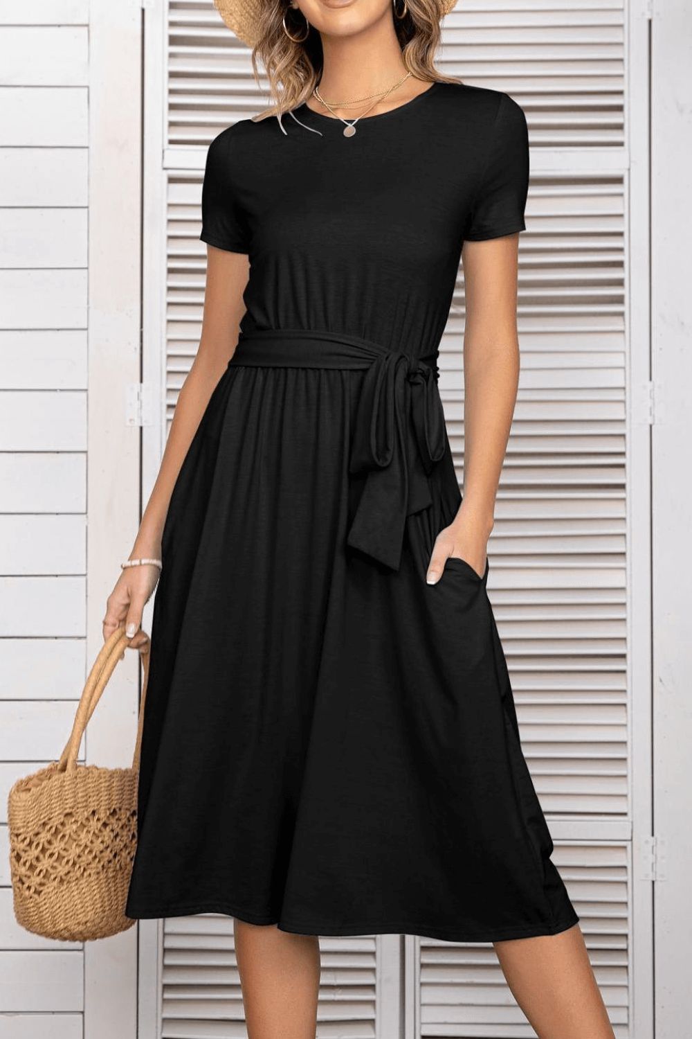 Belted Tee Dress With Pockets Trendsi