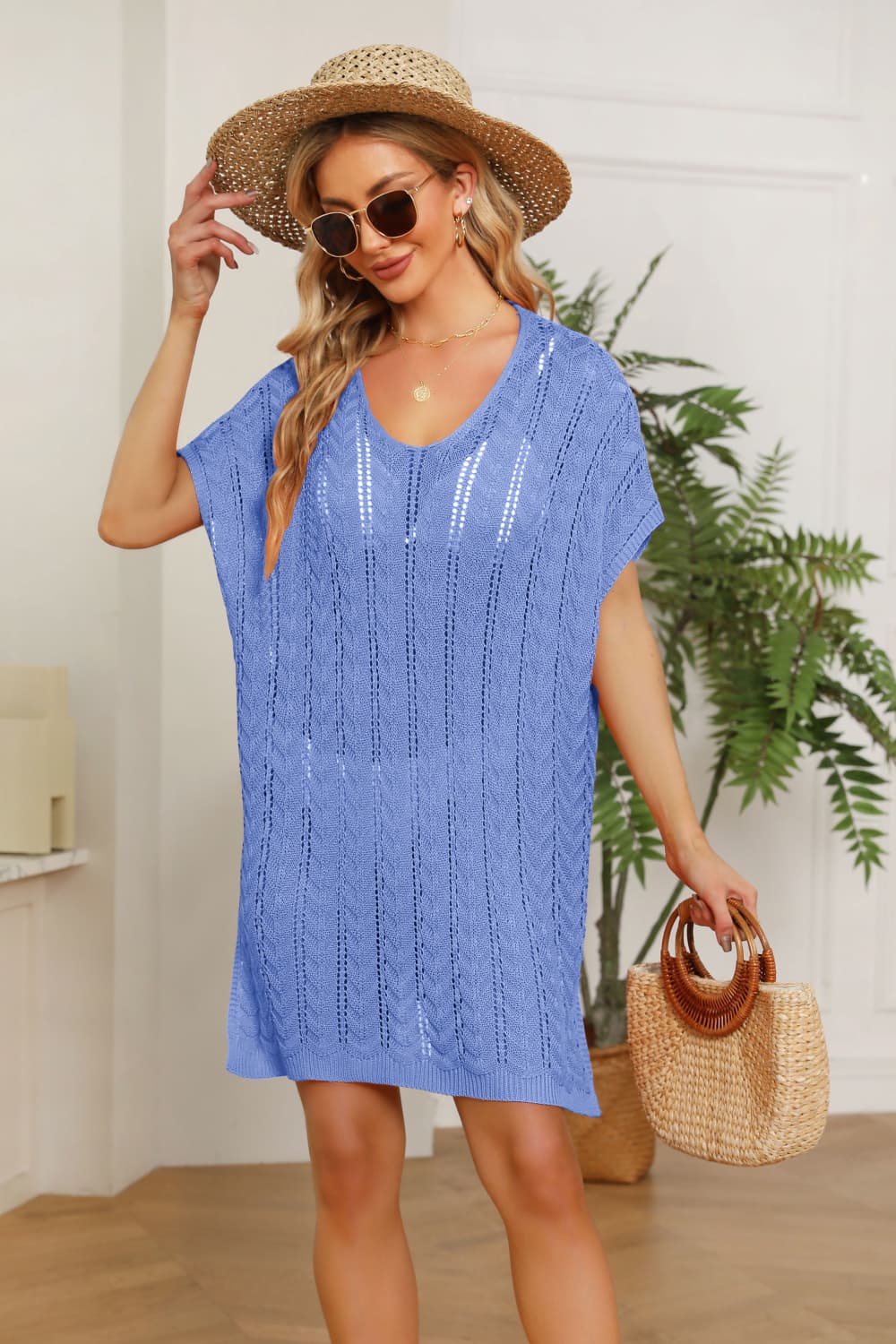 Openwork Side Slit Knit Dress Trendsi