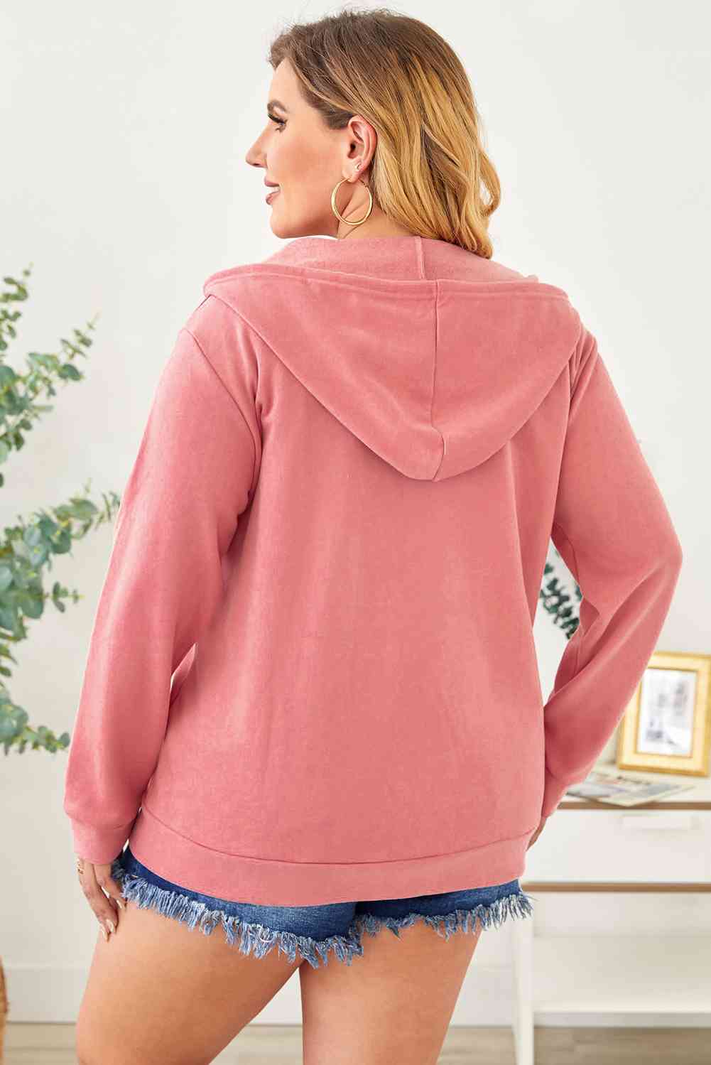 Plus Size Zip Up Hooded Jacket with Pocket