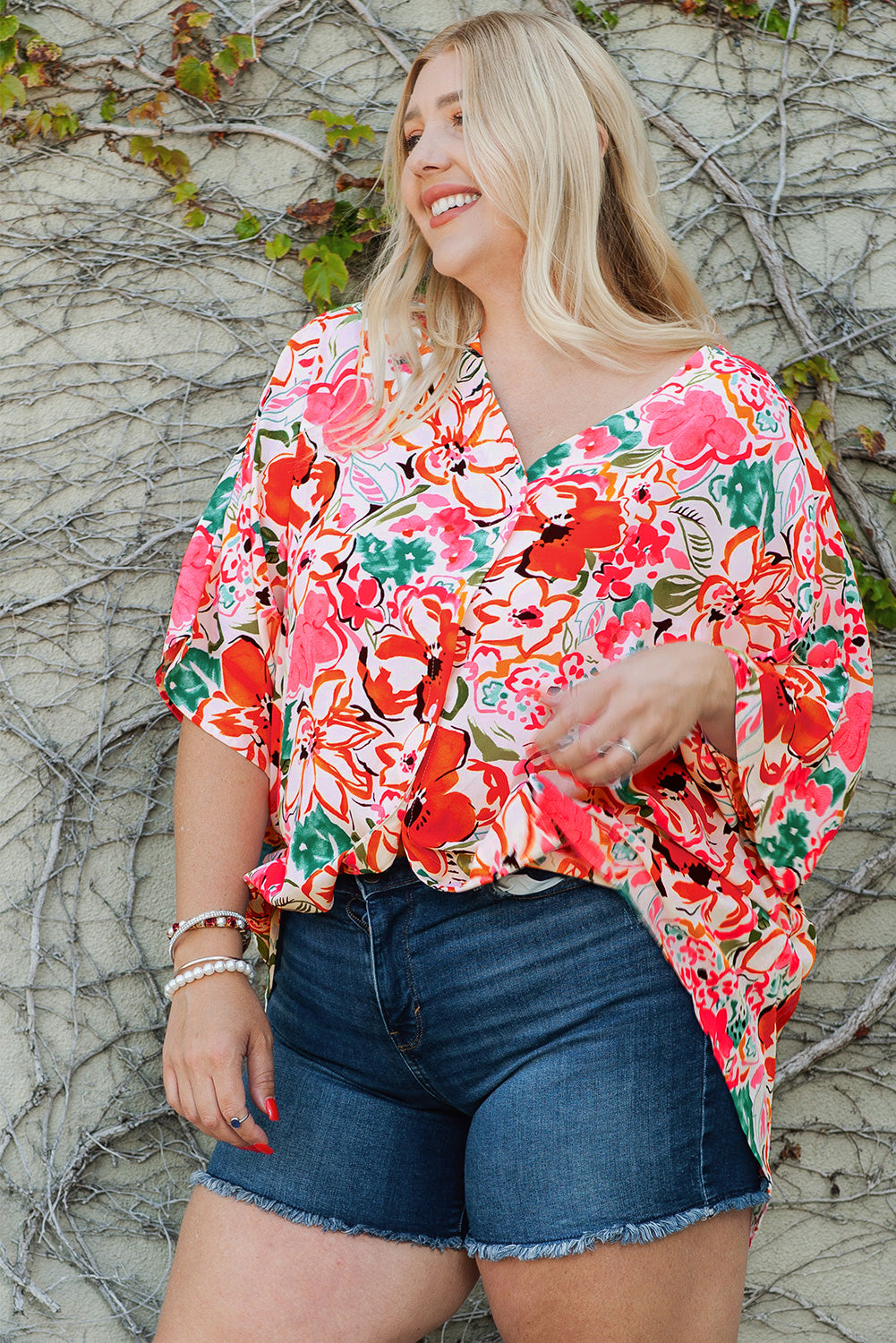 Plus Size Floral V-Neck Half Sleeve Shirt