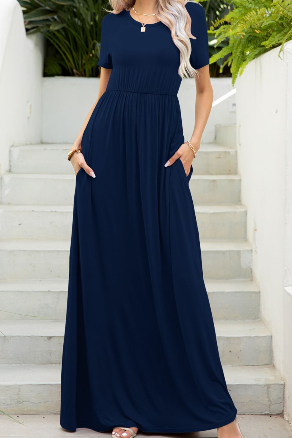 Round Neck Maxi Tee Dress with Pockets Trendsi