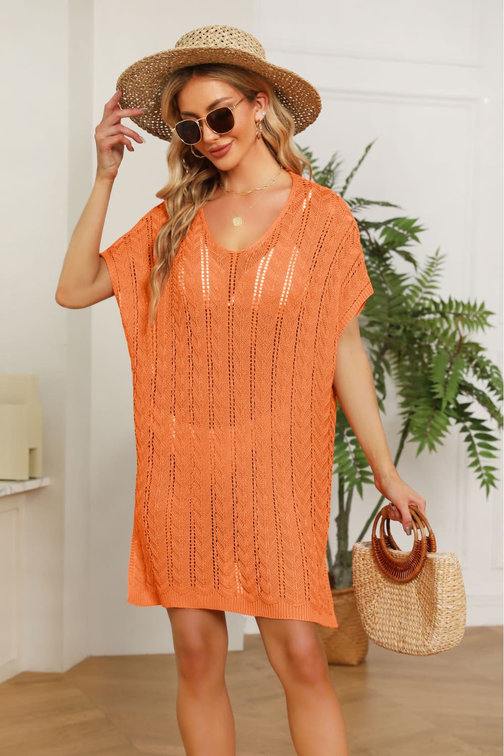 Openwork Side Slit Knit Dress Trendsi