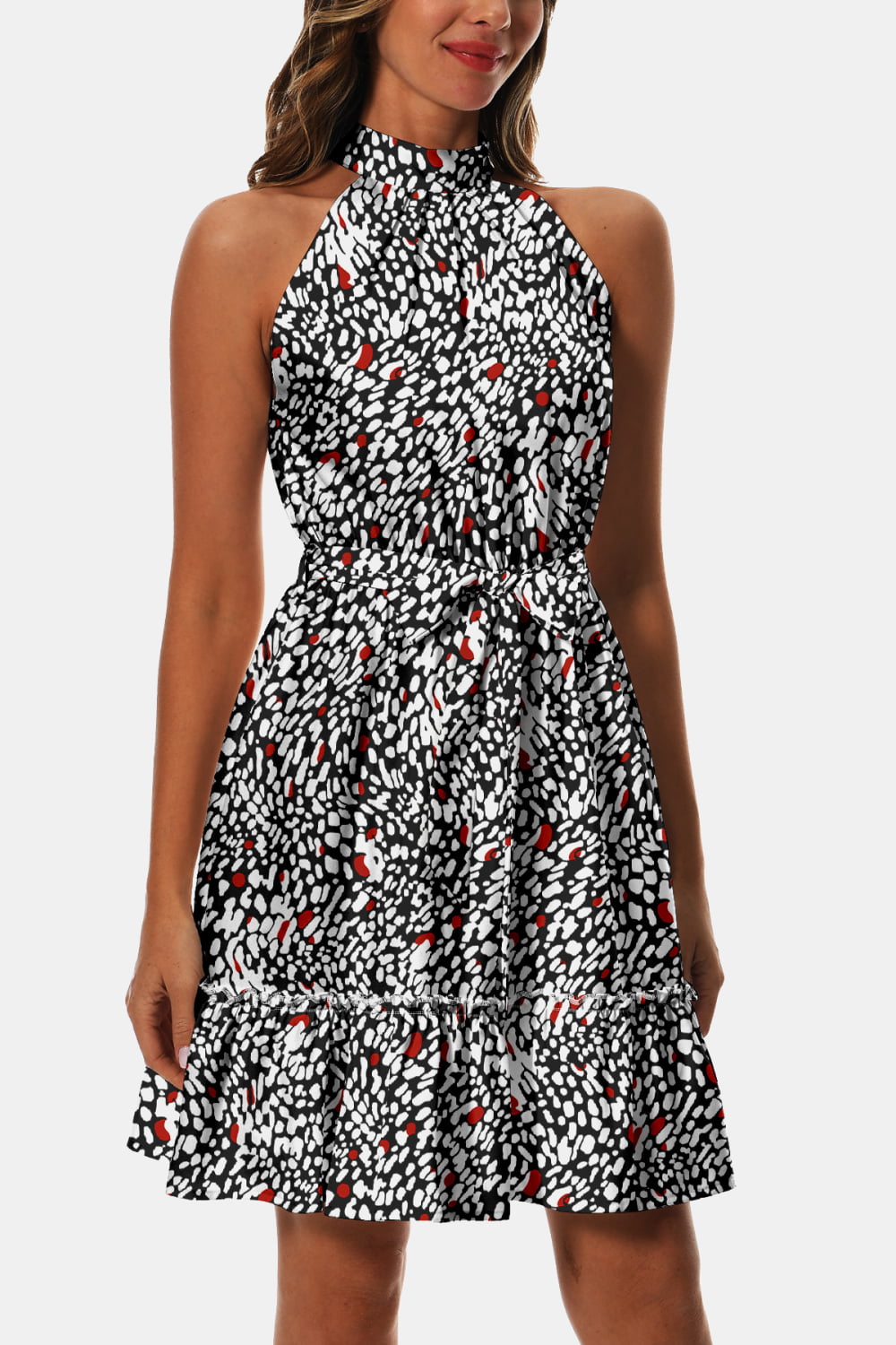 Printed Tie Waist Frill Trim Dress Trendsi