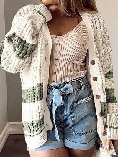 Plus Size Striped Button Up Dropped Shoulder Cardigan