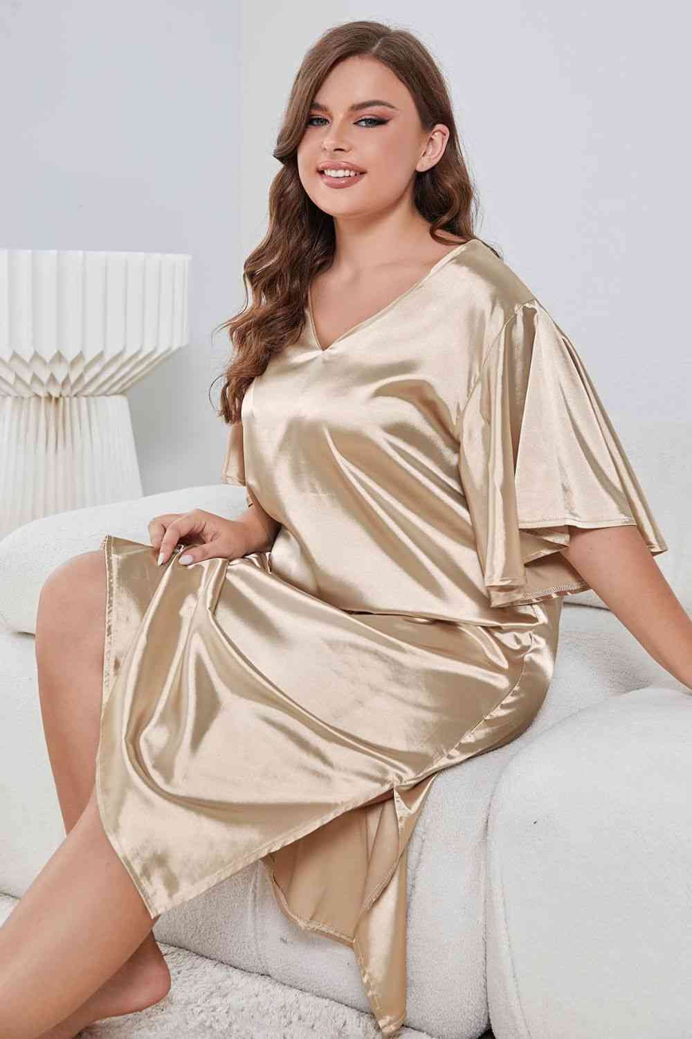 Plus Size Flutter Sleeve V-Neck Side Slit Night Gown