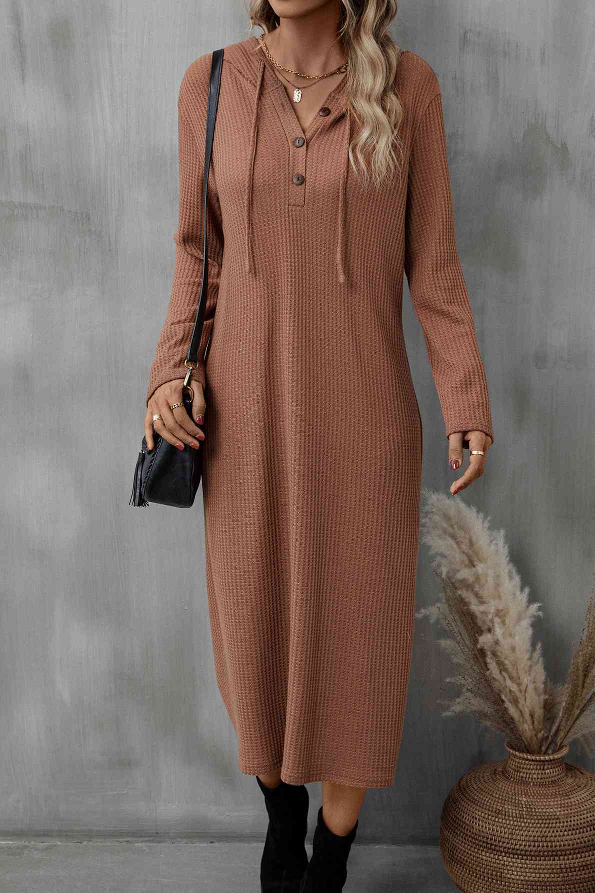 Buttoned Long Sleeve Hooded Dress