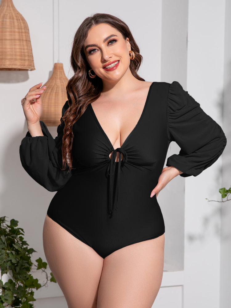 Plus Size Tied Deep V Balloon Sleeve One-Piece Swimsuit Trendsi