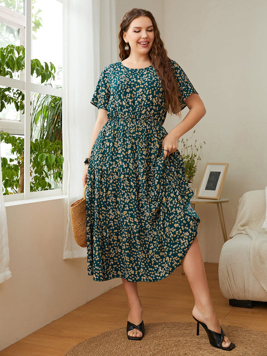 Plus Size Floral Round Neck Short Sleeve Midi Dress Trendsi