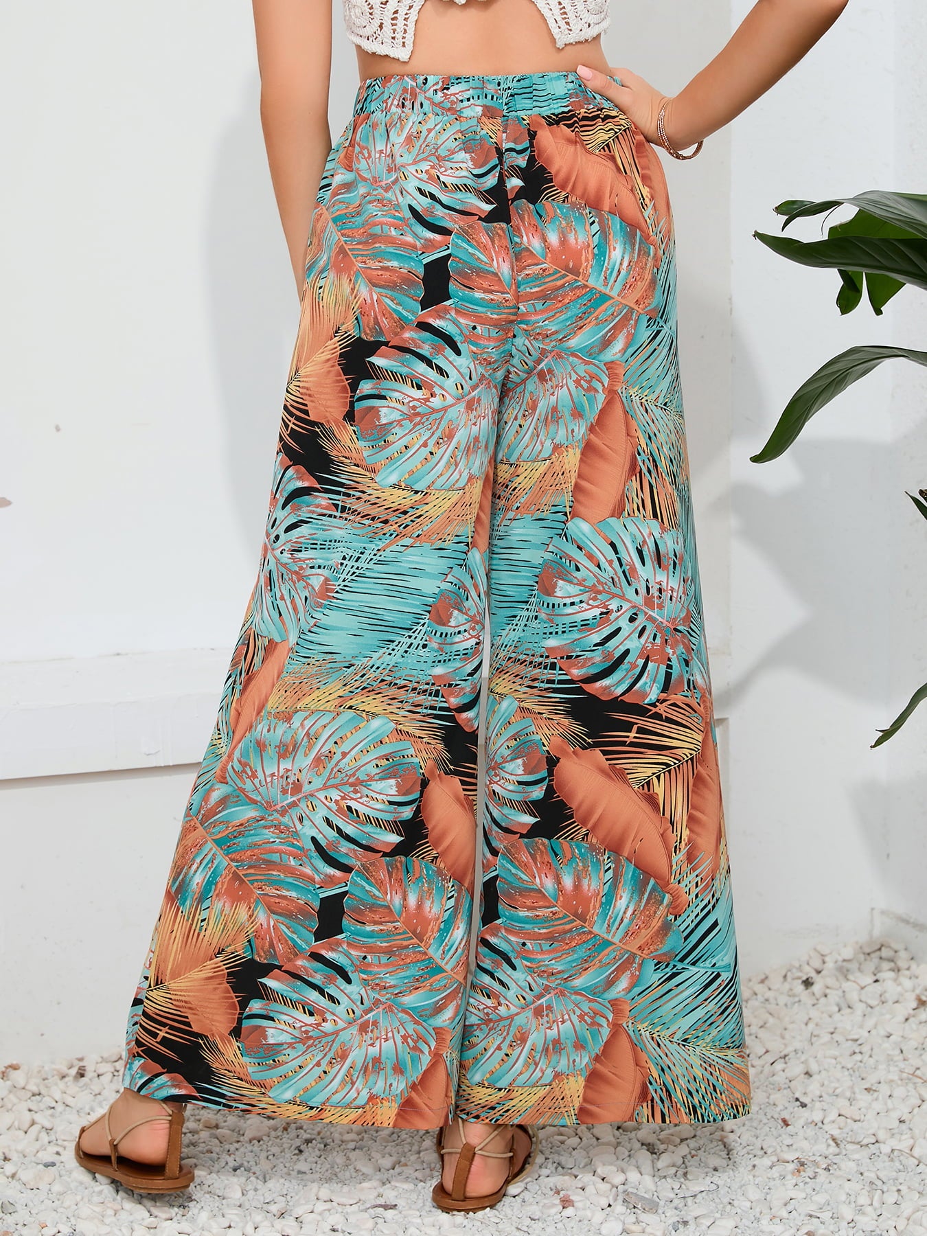 Printed Split Wide Leg Long Pants Trendsi