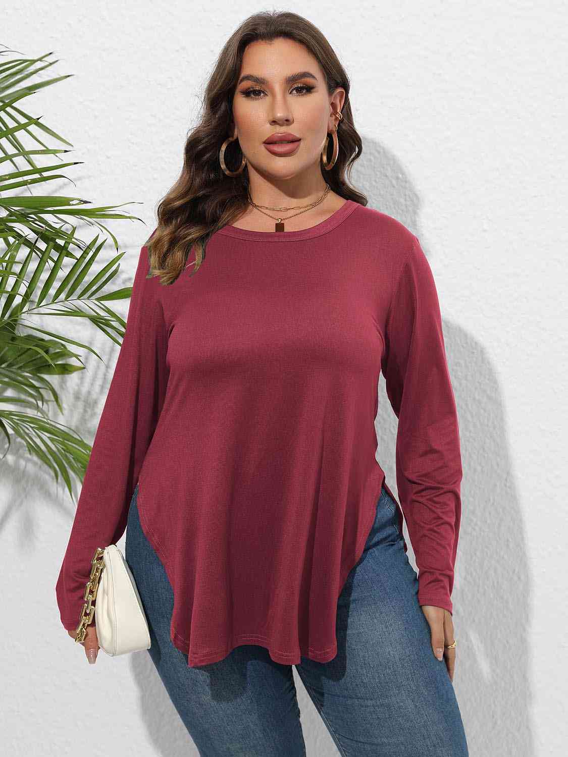 Plus Size Round Neck Long Sleeve Slit Shirt