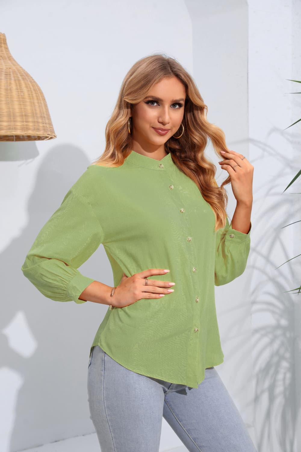 Mock Neck Buttoned Long Sleeve Shirt