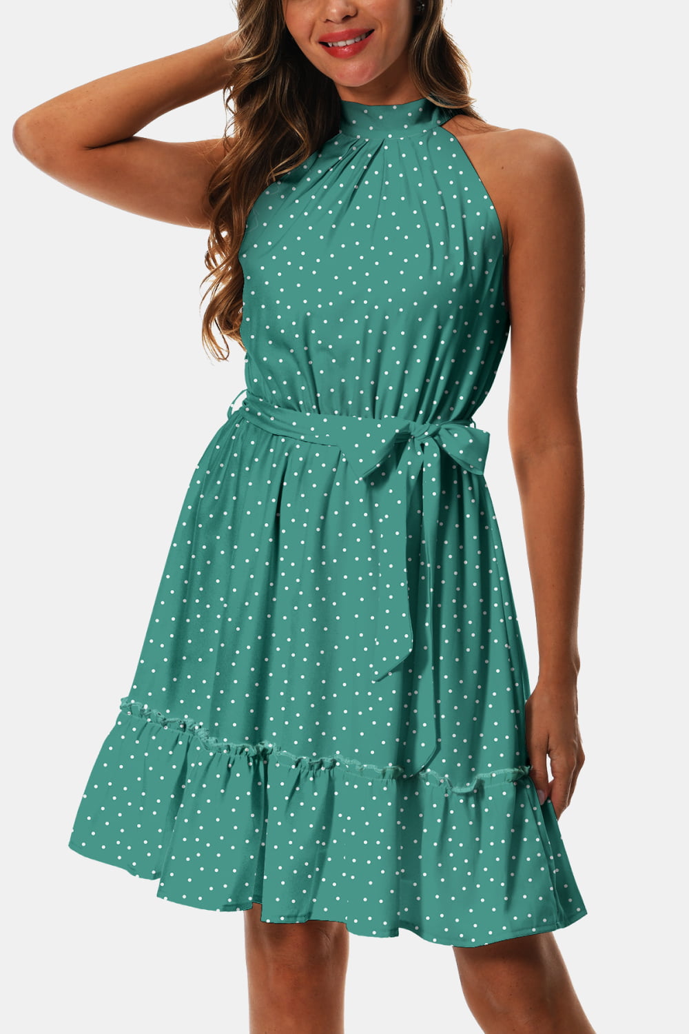 Printed Tie Waist Frill Trim Dress Trendsi