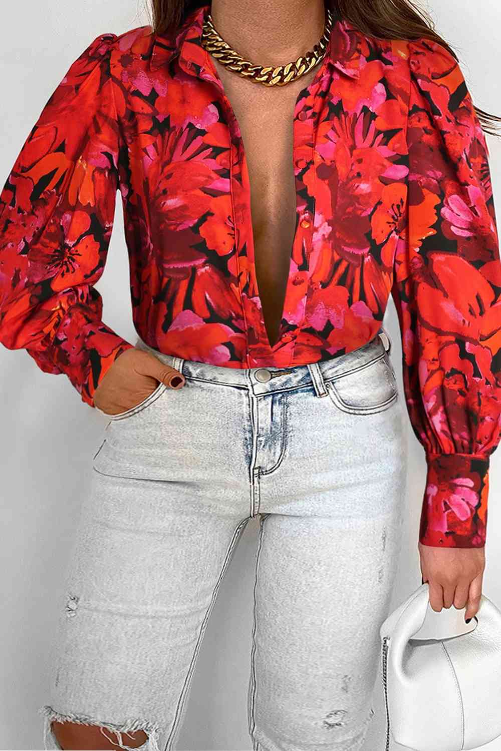 Plus Size Printed Collared Neck Long Sleeve Shirt