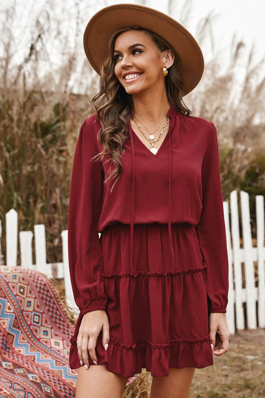 Tied Frill Trim Puff Sleeve Mini Dress Trendsi