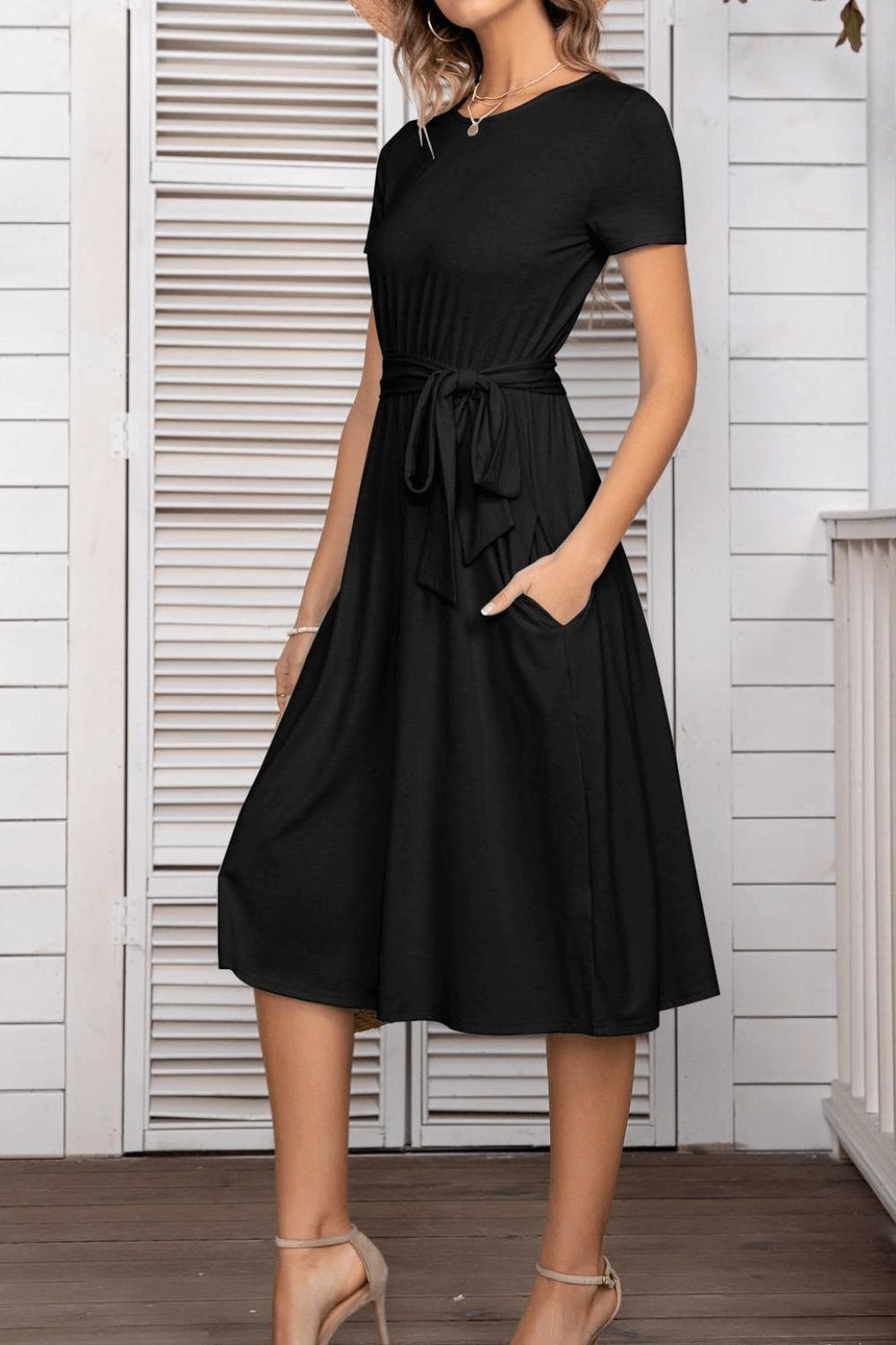 Belted Tee Dress With Pockets Trendsi