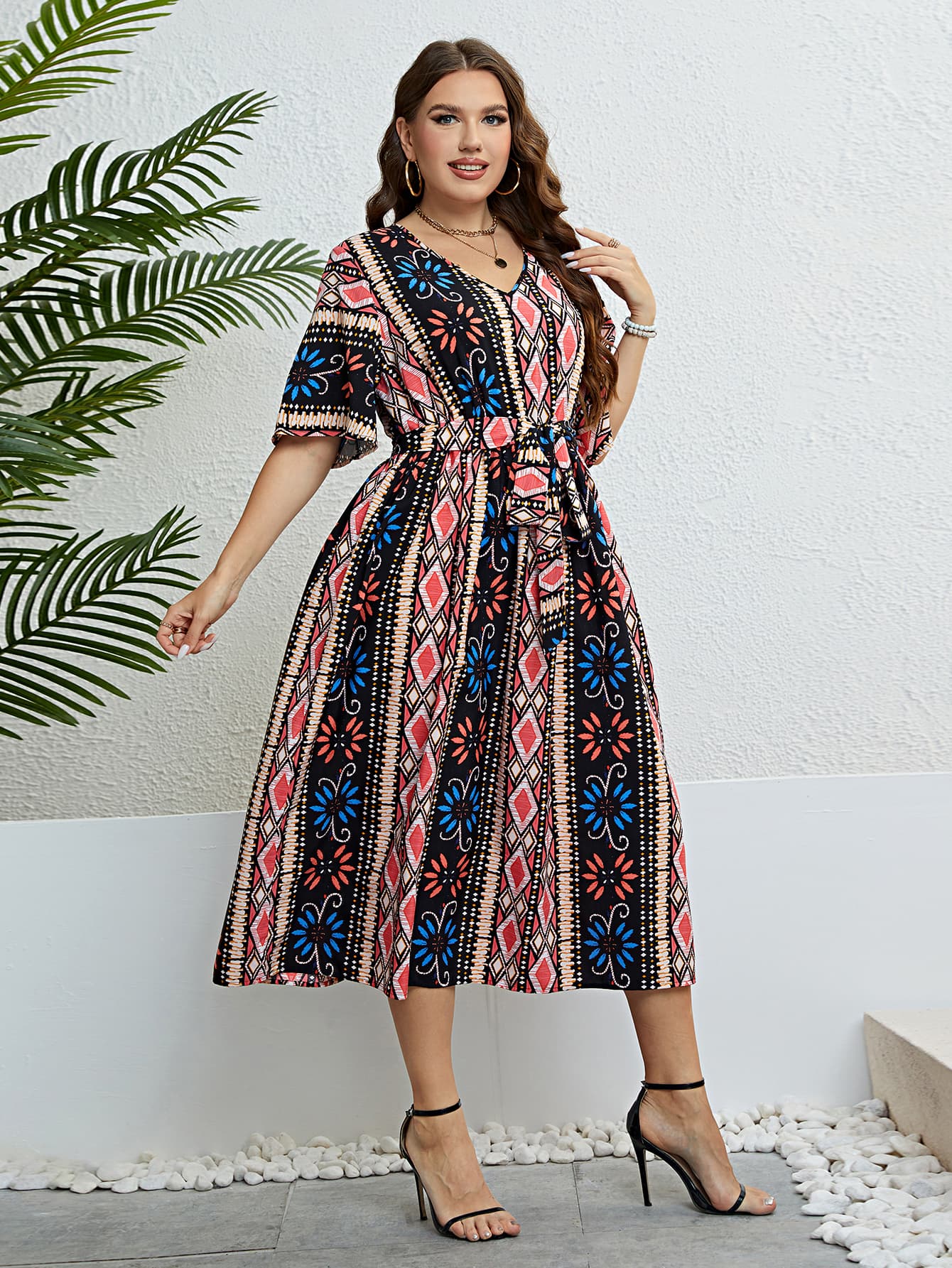 Plus Size Bohemian V-Neck Tie Belt Midi Dress Trendsi