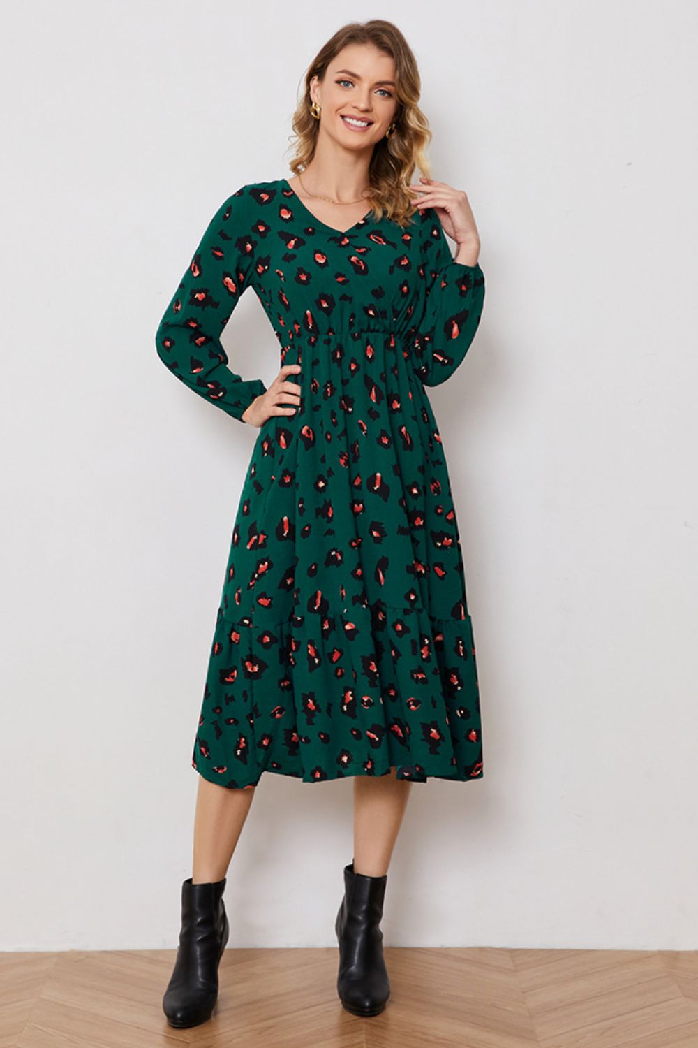 Printed Surplice Neck Long Sleeve Dress