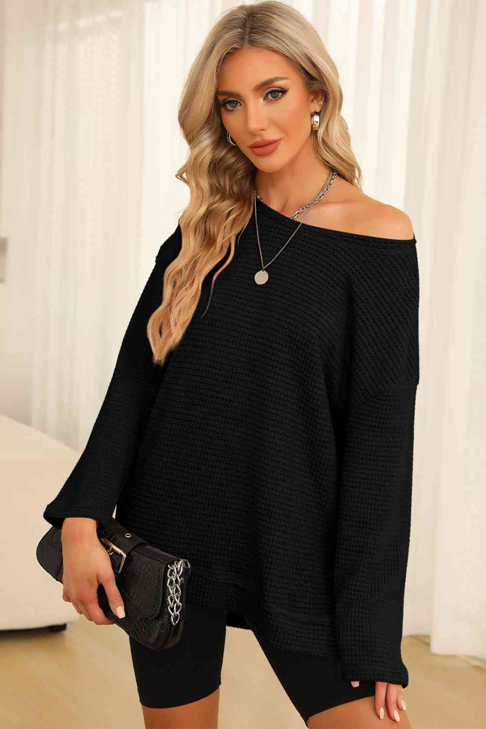 Waffle-Knit Round Neck Long Sleeve Sweatshirt