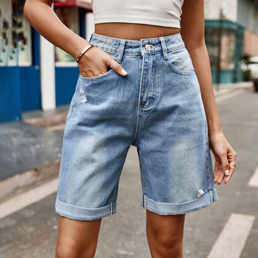 Distressed Buttoned Denim Shorts with Pockets Trendsi