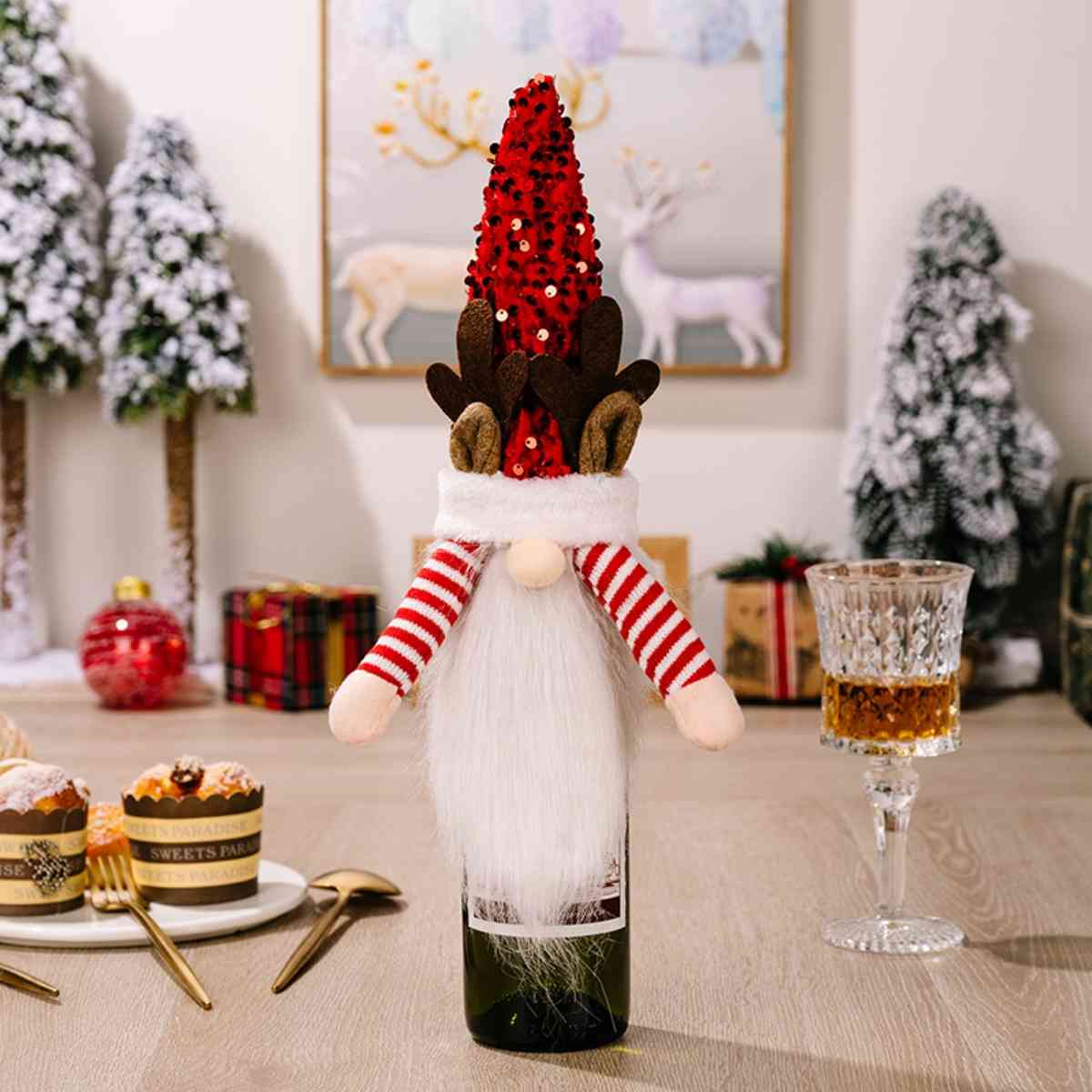 Sequin Pointed Hat Faceless Gnome Wine Bottle Cover