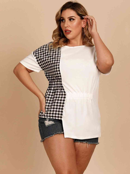 Plus Size Gingham Color Block Asymmetrical T-Shirt