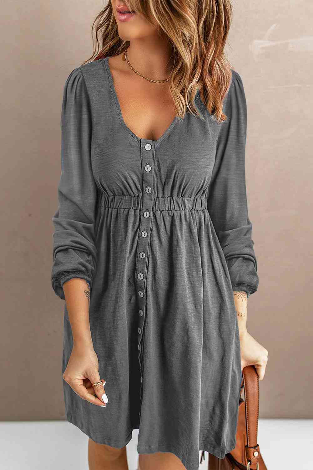 Scoop Neck Empire Waist Long Sleeve Mini Dress Trendsi