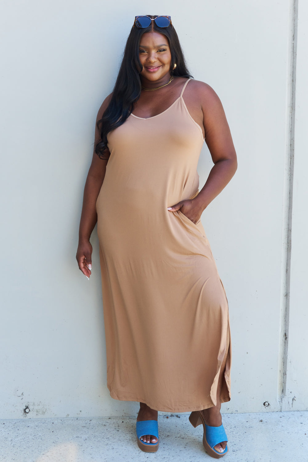 Ninexis Good Energy Full Size Cami Side Slit Maxi Dress in Camel Trendsi