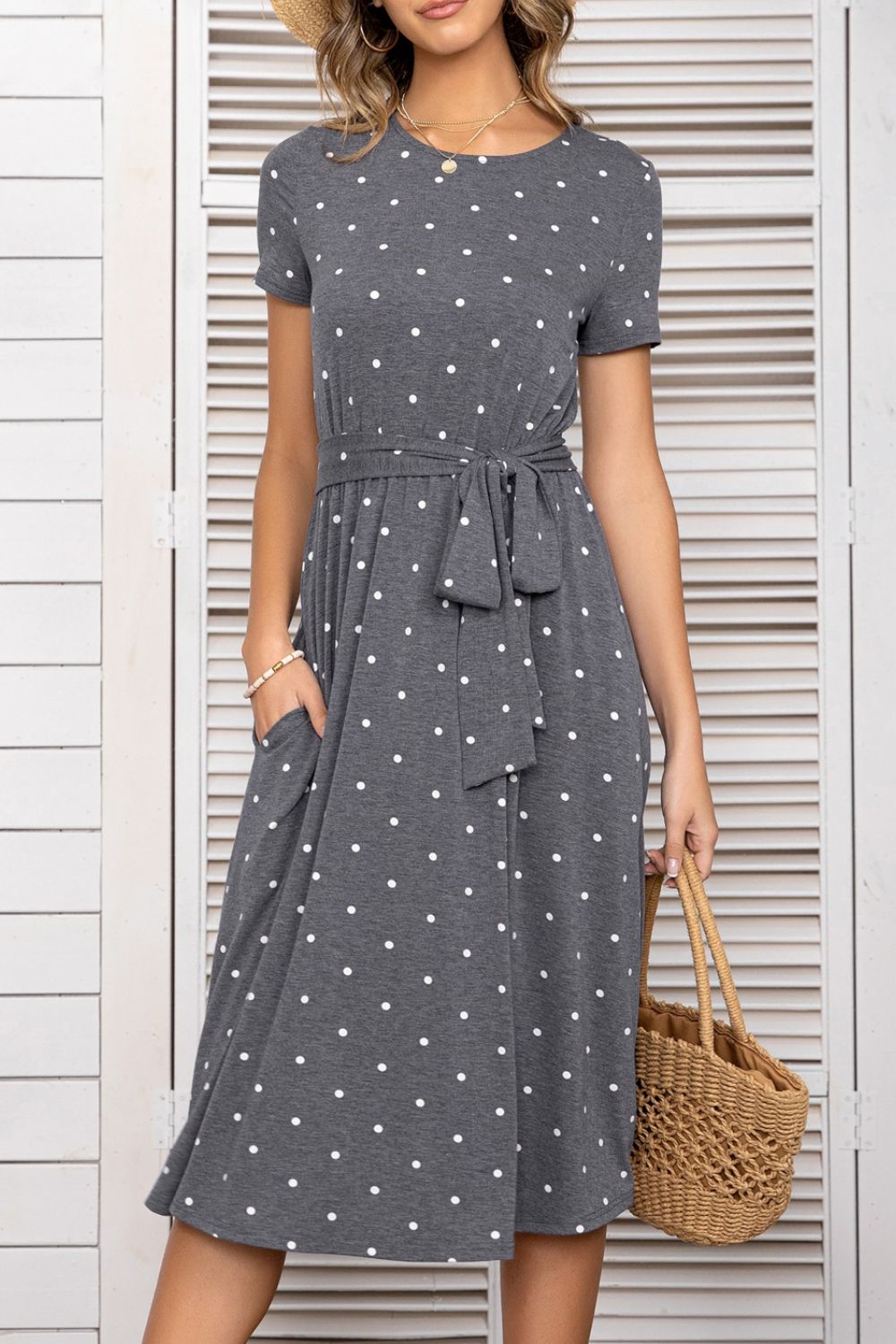 Belted Tee Dress With Pockets Trendsi