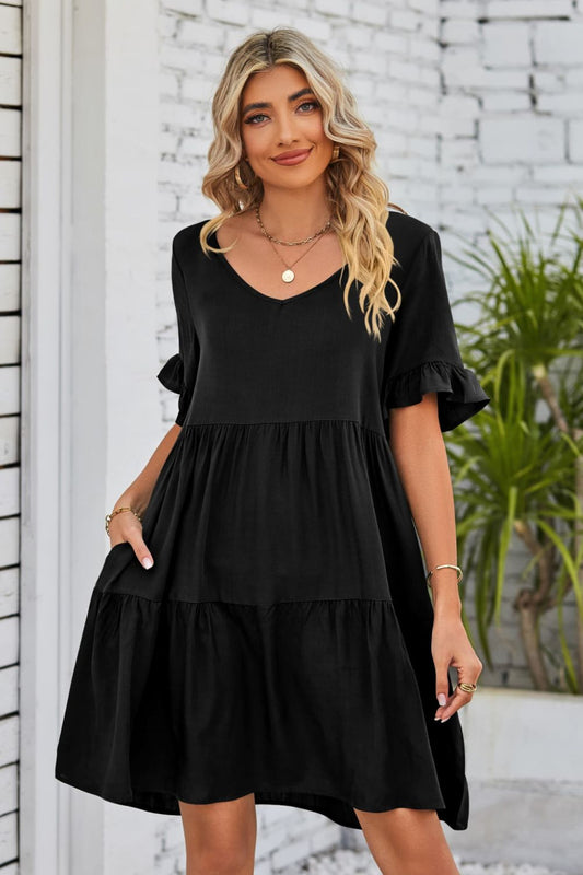 V-Neck Flounce Sleeve Tiered Dress Trendsi