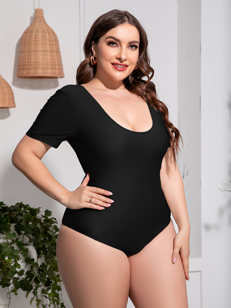 Plus Size Scoop Neck Short Sleeve One-Piece Swimsuit Trendsi