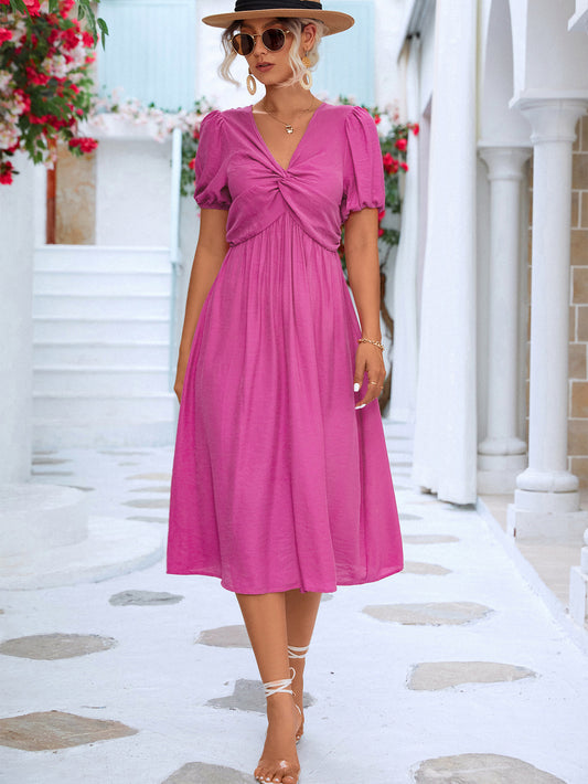 Twisted Short Puff Sleeve V-Neck Dress Trendsi