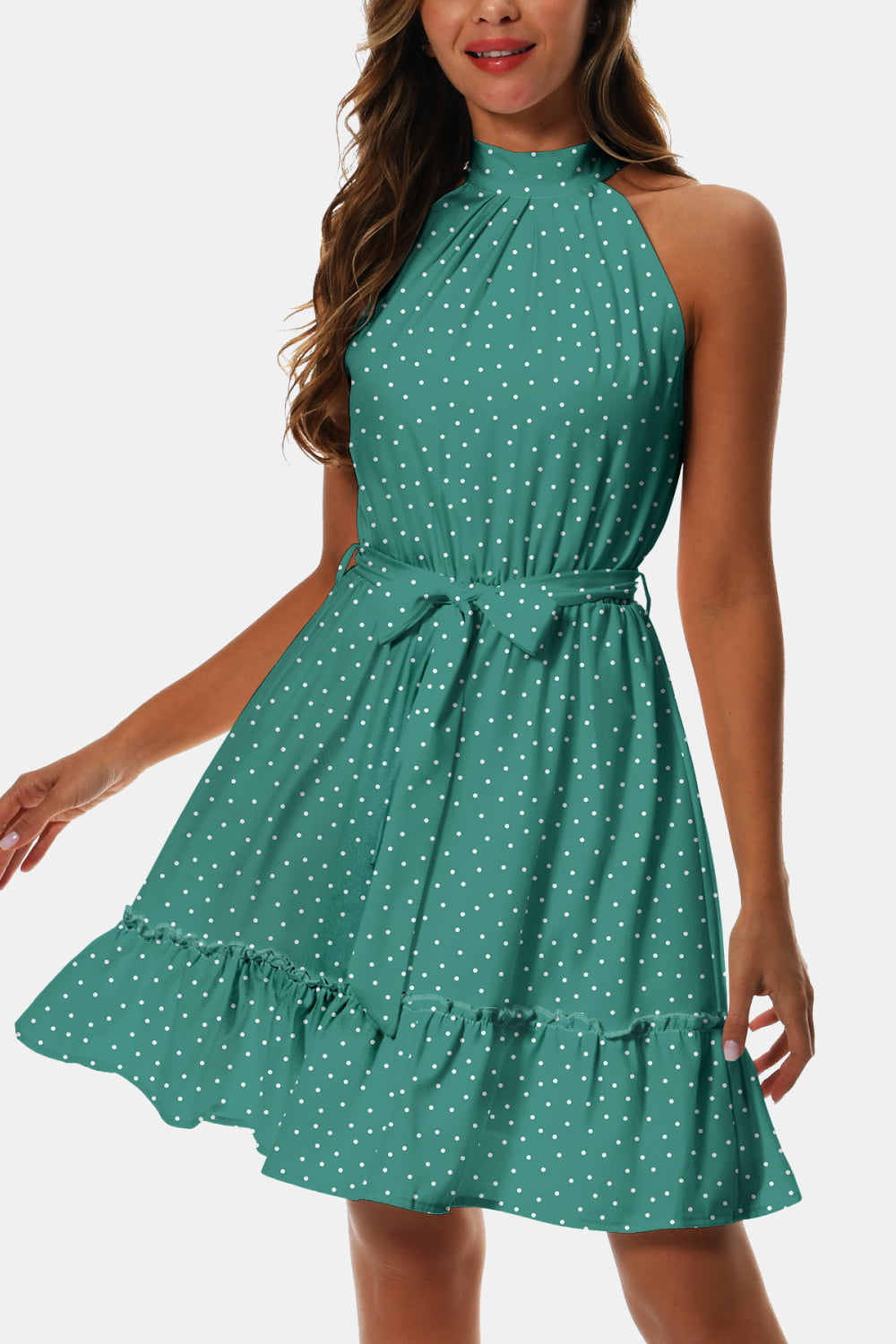 Printed Tie Waist Frill Trim Dress Trendsi