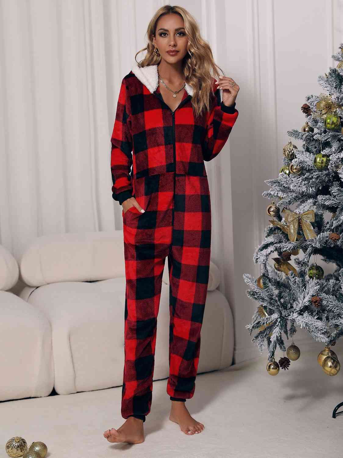 Plaid Zip Front Long Sleeve Hooded Lounge Jumpsuit