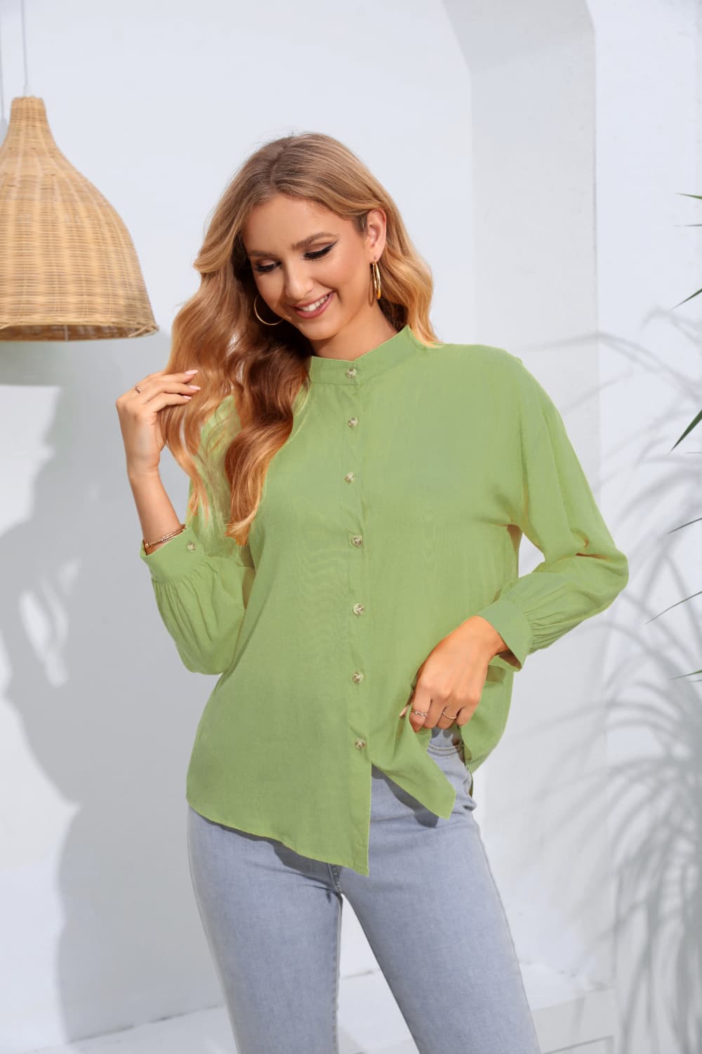 Mock Neck Buttoned Long Sleeve Shirt