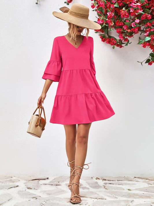 V-Neck Flare Sleeve Mini Dress Trendsi