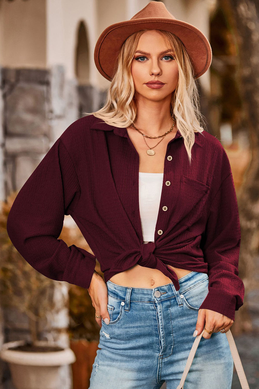 Twisted Collared Neck Long Sleeve Shirt