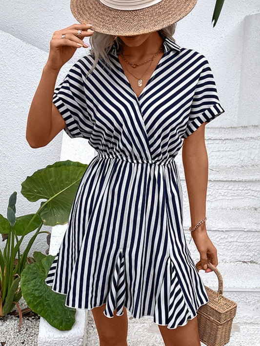 Striped Johnny Collar Mini Dress Trendsi
