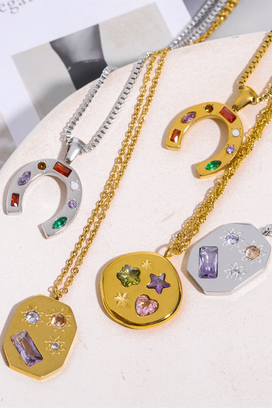 Inlaid Zircon Pendant Stainless Steel Necklace Trendsi