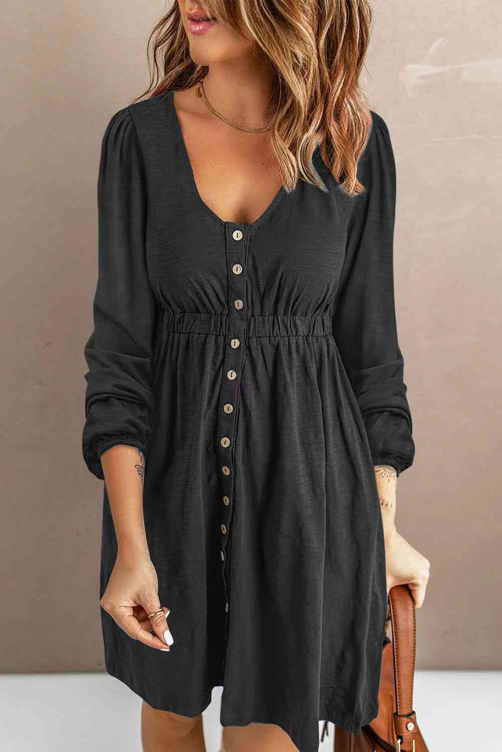 Scoop Neck Empire Waist Long Sleeve Mini Dress Trendsi