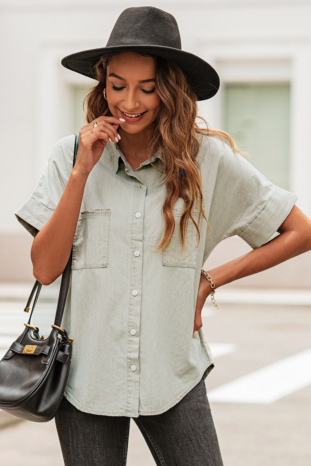 Button Front Collared Short Sleeve Shirt