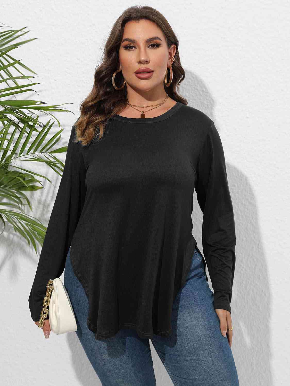 Plus Size Round Neck Long Sleeve Slit Shirt