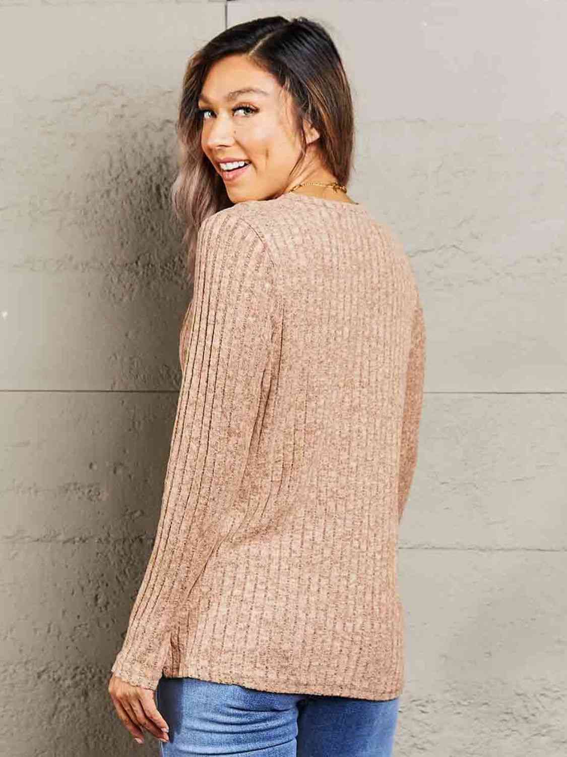 Double Take Ribbed Round Neck Buttoned Long Sleeve Tee