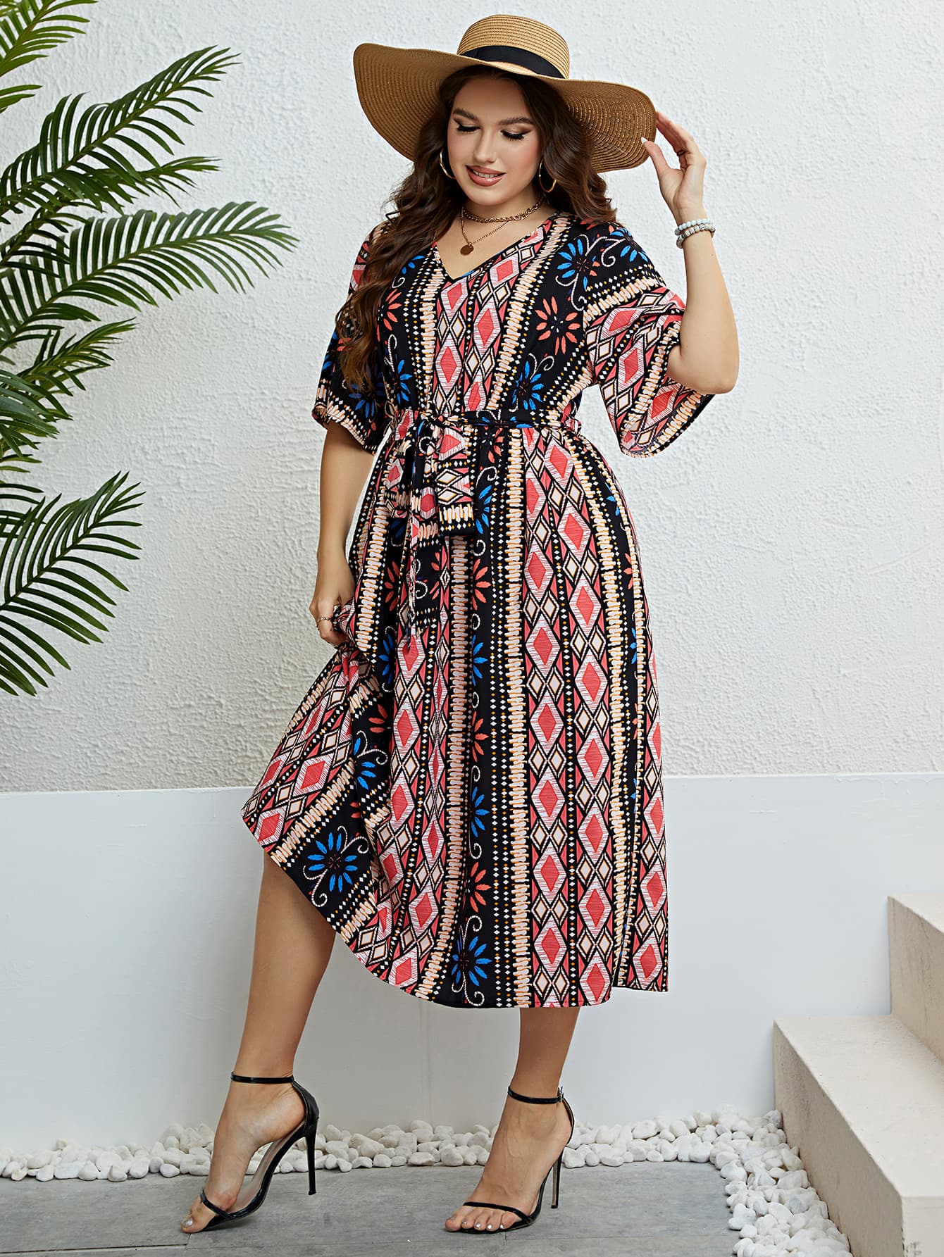 Plus Size Bohemian V-Neck Tie Belt Midi Dress Trendsi