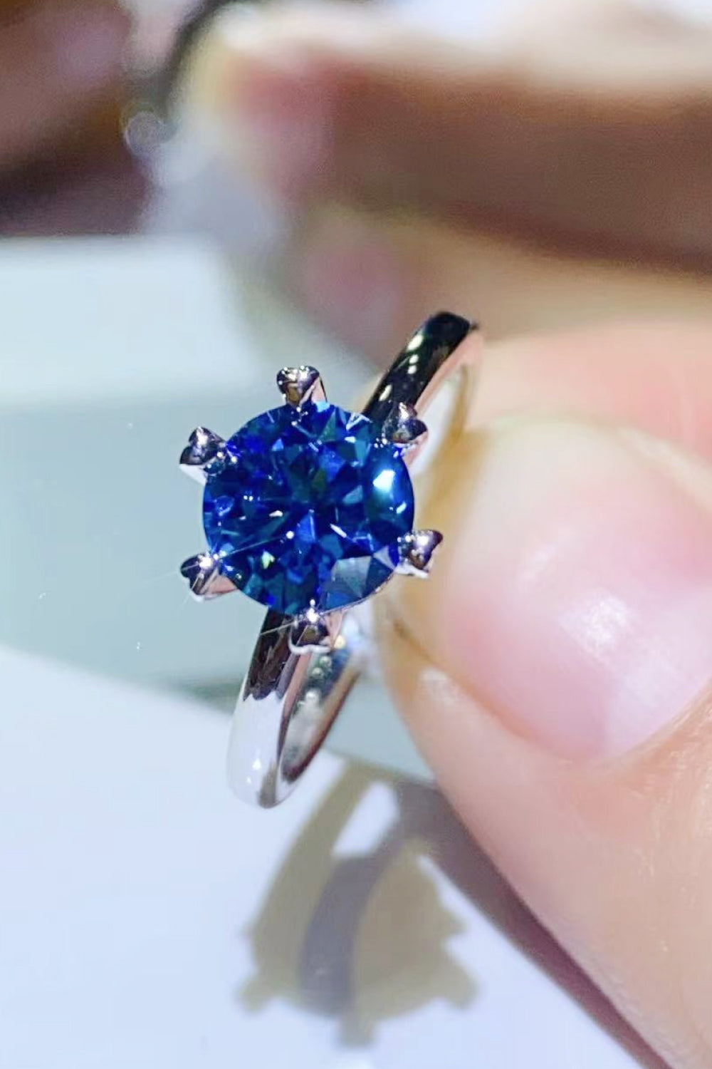 Blue 1 Carat Moissanite 6-Prong Solitaire Ring