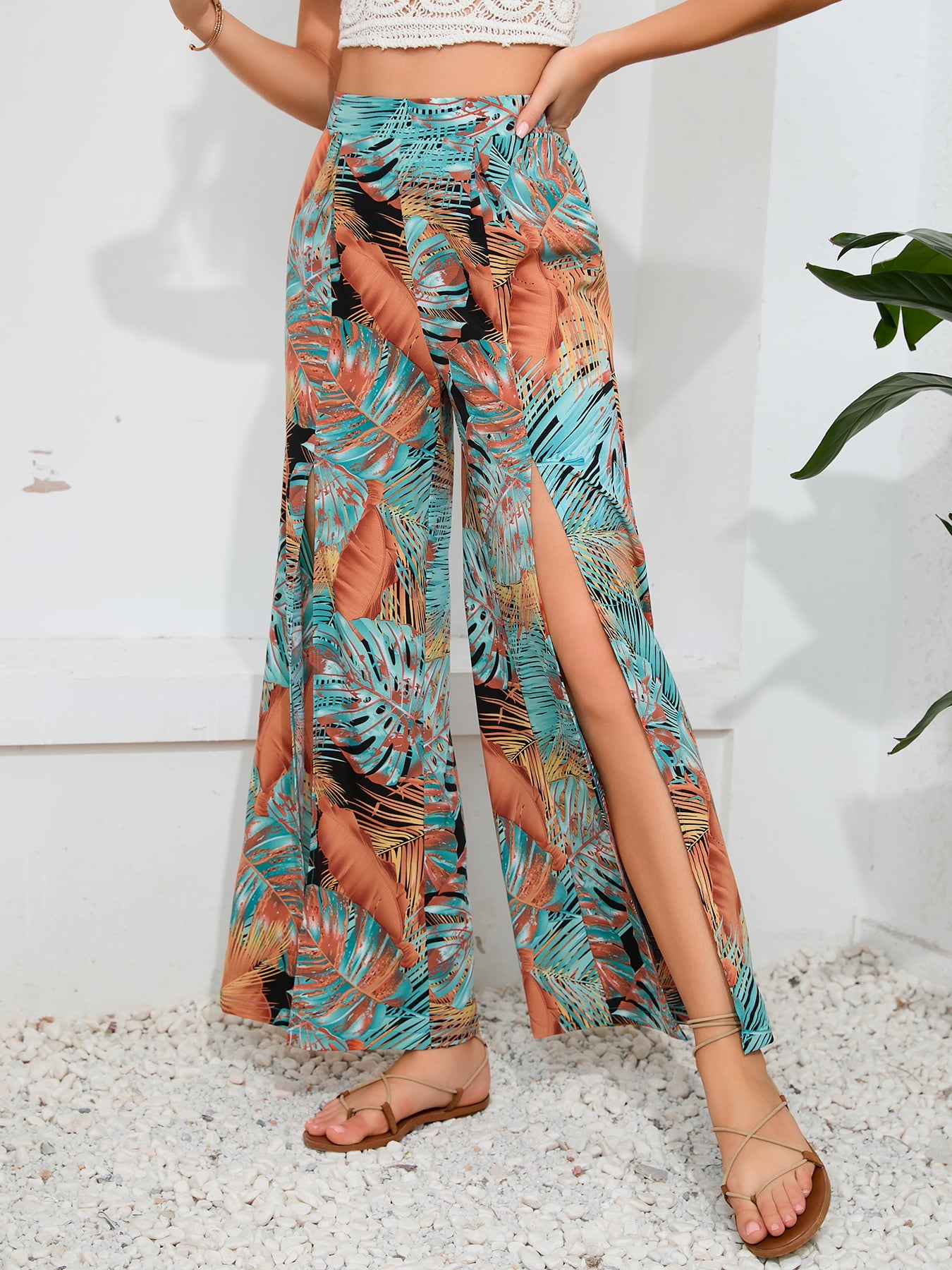 Printed Split Wide Leg Long Pants Trendsi